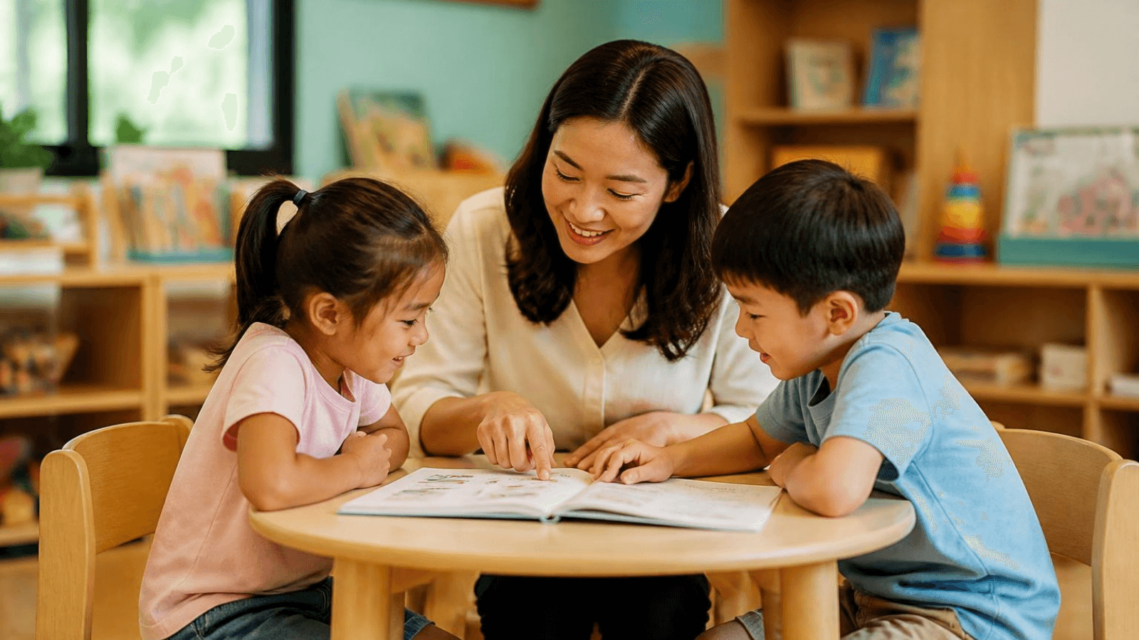 A CORDA-certified educator reading with two children