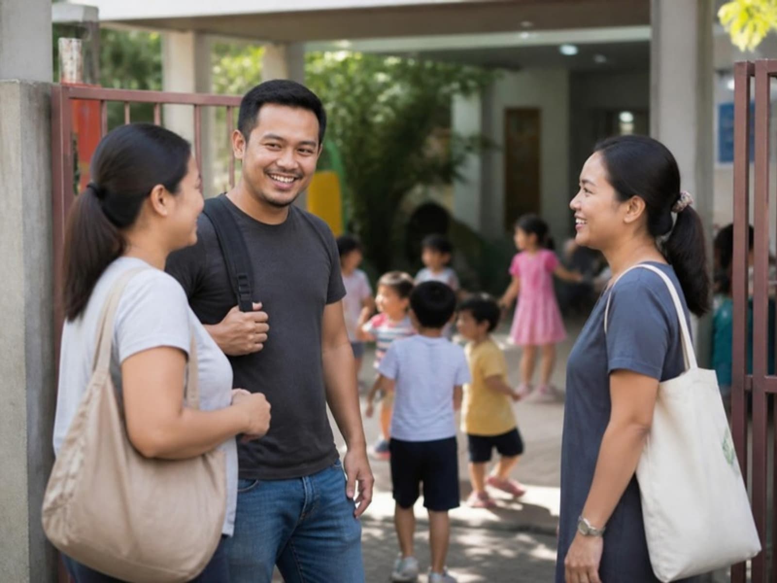 Parents chatting outside a centre's entrance gate while children play nearby